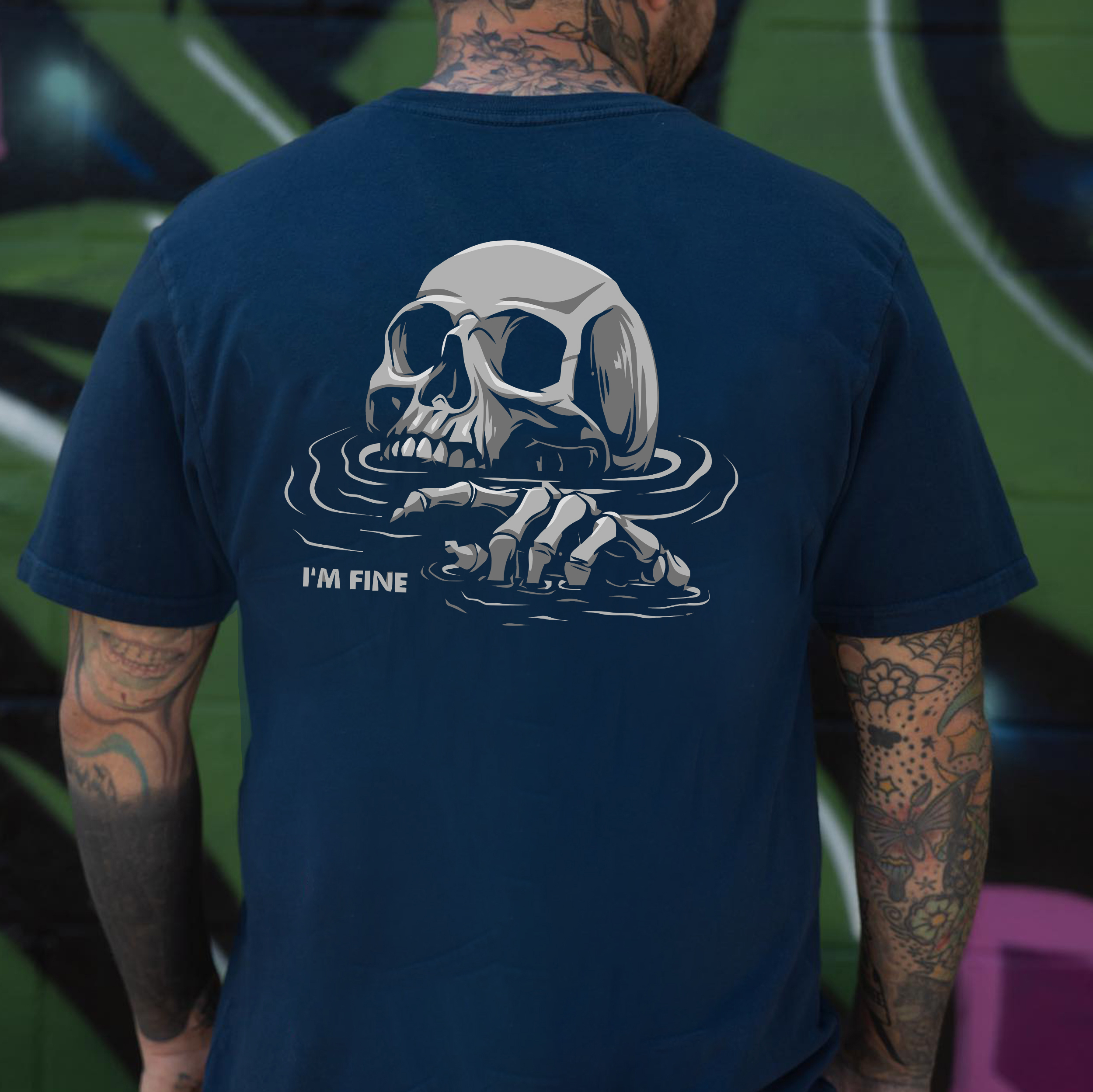 I'M FINE Drowning Skull Black Print T-Shirt