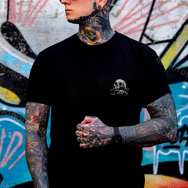 I'M FINE Drowning Skull Black Print T-Shirt