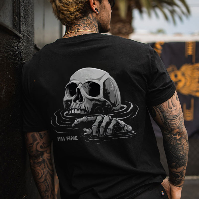 I'M FINE Drowning Skull Black Print T-Shirt