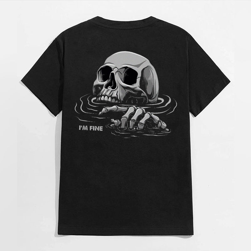 I'M FINE Drowning Skull Black Print T-Shirt