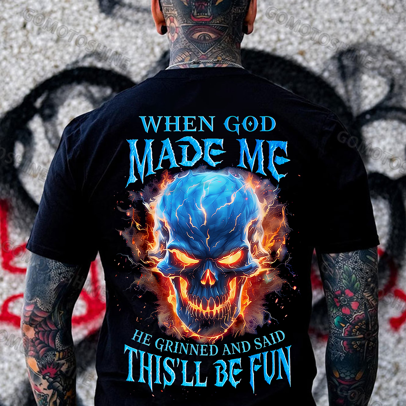 WHEN GOD MADE ME HE GRINNED AND SAID THIS'LL BE FUN Hellfire Skull Print Men's T-shirt