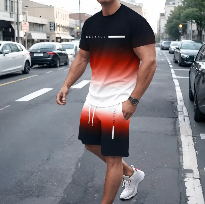 Men's Summer Regular-Fit Pure Cotton Short-Sleeve T-Shirt & Shorts Set — BLANCE Letter Print Edition