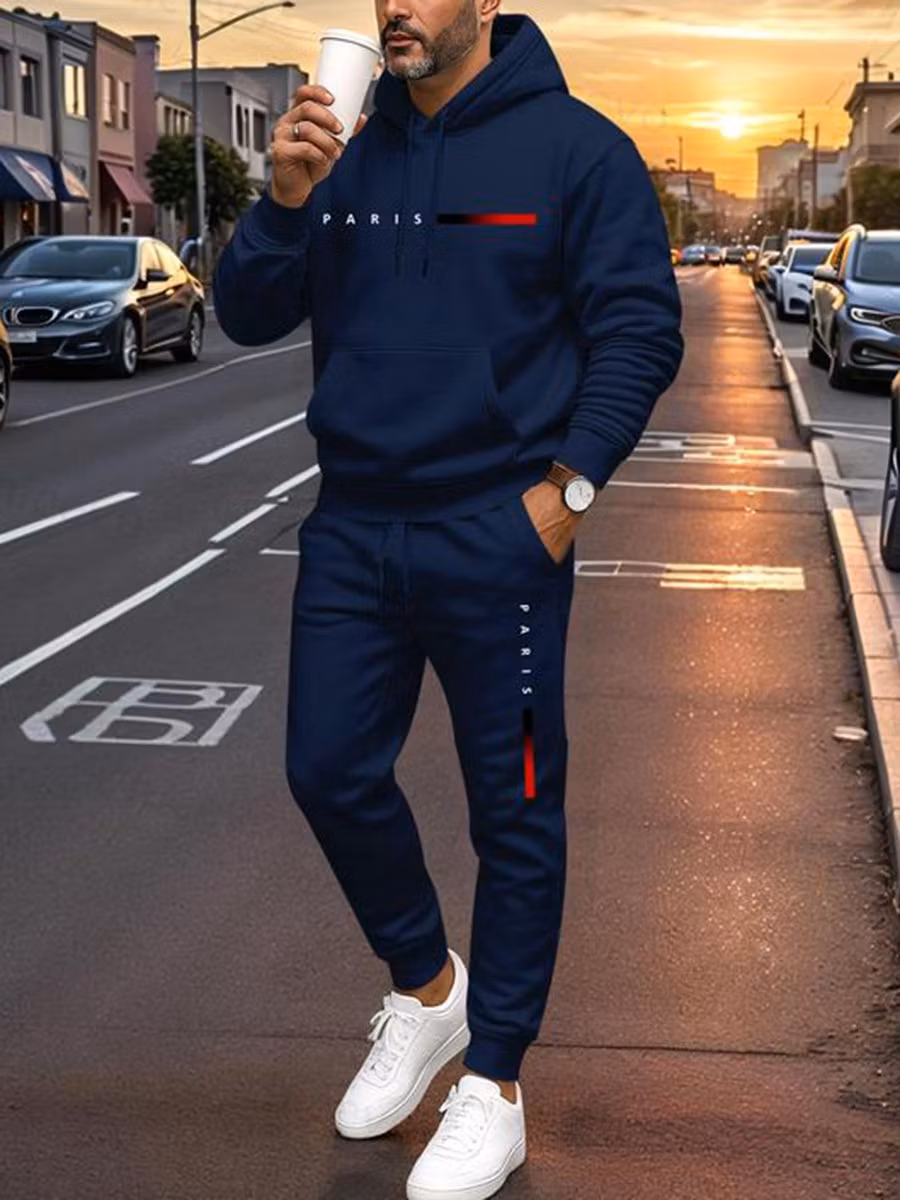 Men's Paris Letter Printed Hoodie and Drawstring Sweatpants Set Two-Piece Set