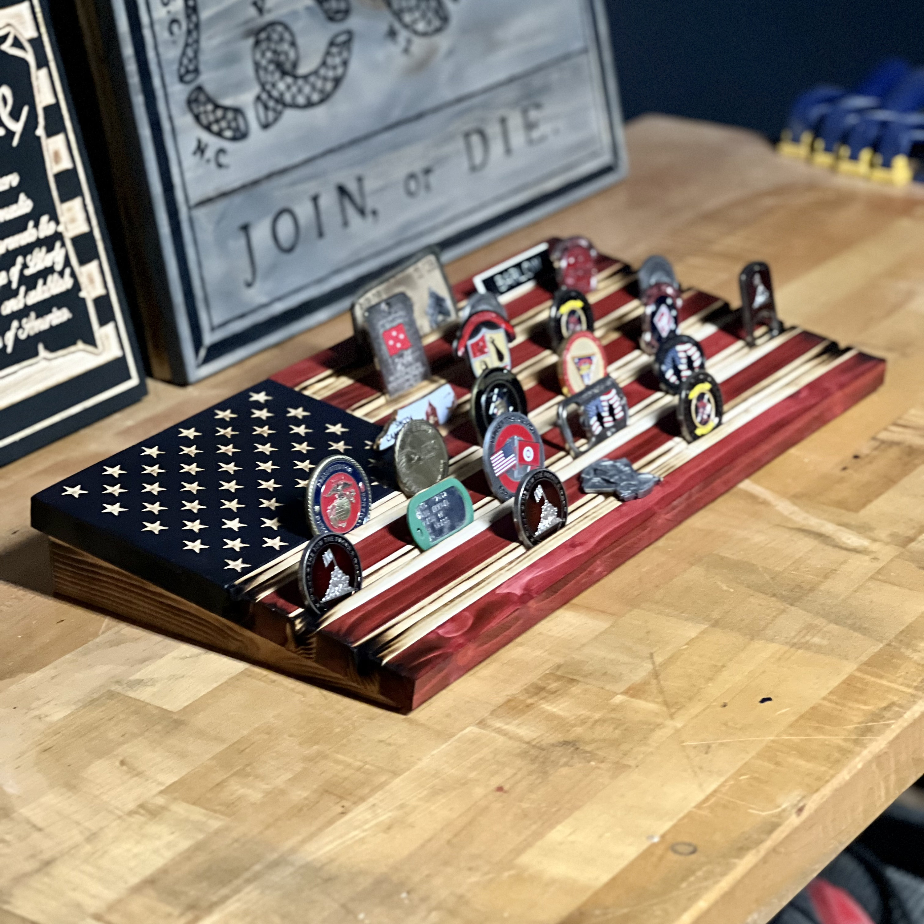 Desk Challenge Coin Holder--Rustic American Flag