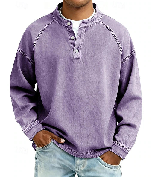 Men's 100% Cotton Acid Wash Long Sleeve Henley Shirt