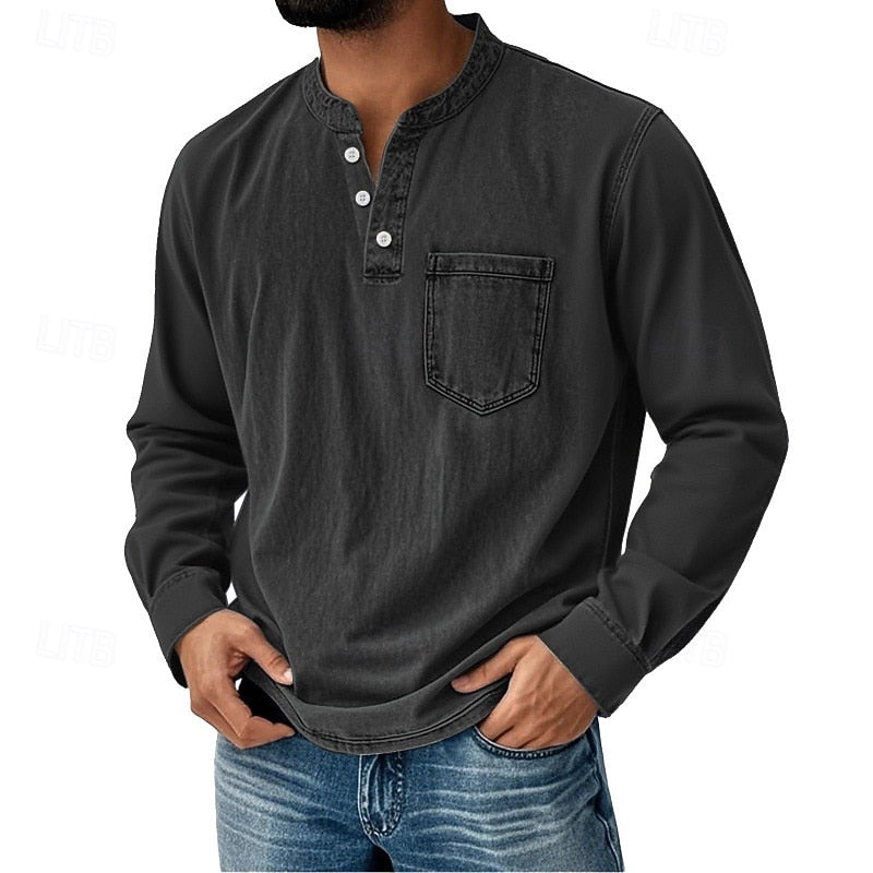 Men's Acid Wash Cotton Tank – long-Sleeve Henley with Pocket & Buttons