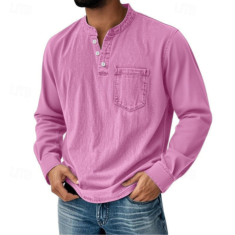 Men's Acid Wash Cotton Tank – long-Sleeve Henley with Pocket & Buttons