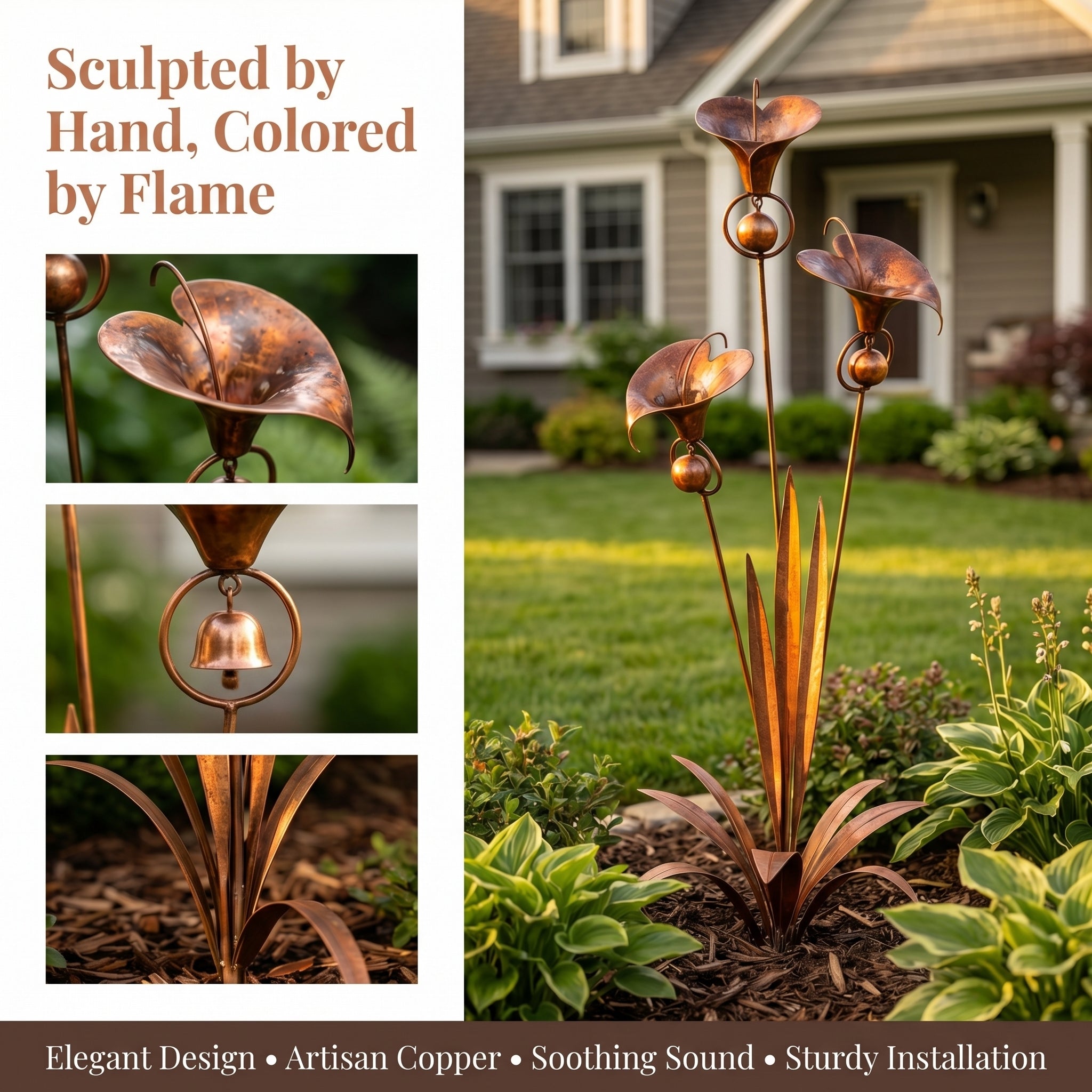 🏡Flamed Copper Three Calla Lilies Garden Stake with Bells
