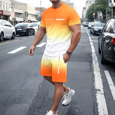 Men's Summer Regular-Fit Pure Cotton Short-Sleeve T-Shirt & Shorts Set — BLANCE Letter Print Edition