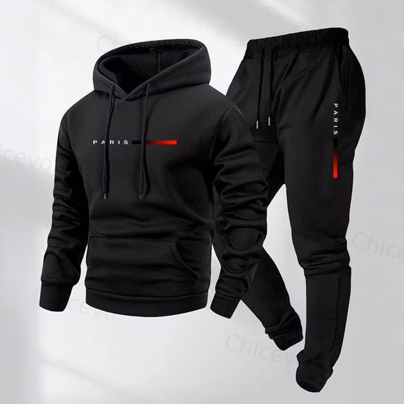 Men's Paris Letter Printed Hoodie and Drawstring Sweatpants Set Two-Piece Set
