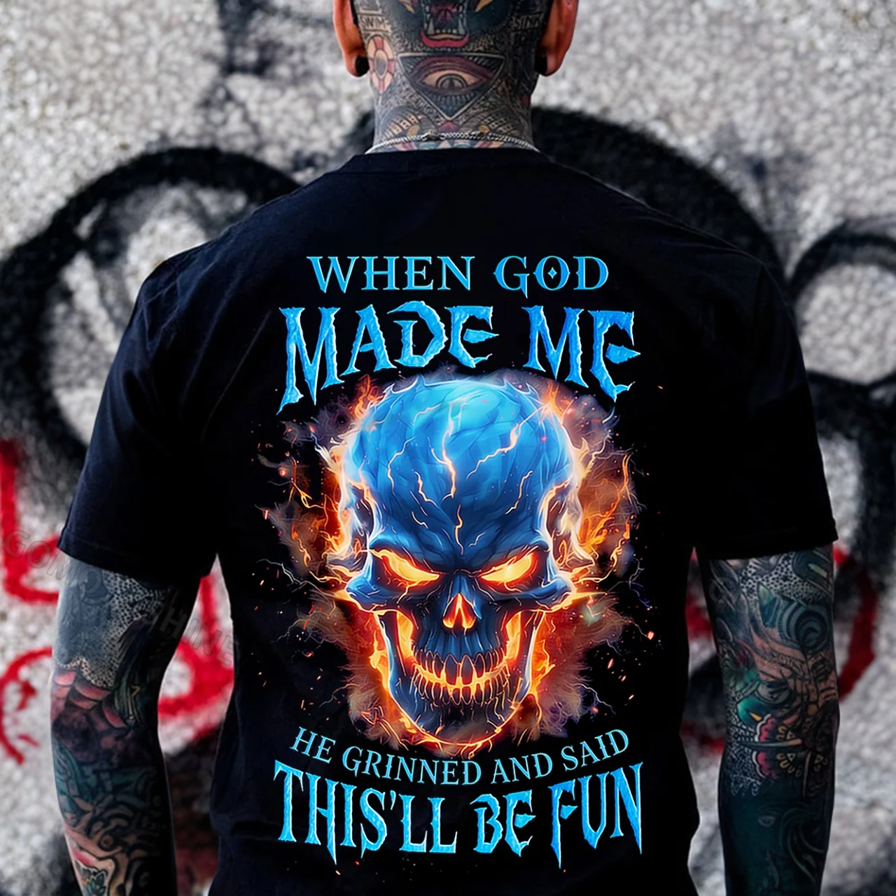 WHEN GOD MADE ME HE GRINNED AND SAID THIS'LL BE FUN Hellfire Skull Print Men's T-shirt