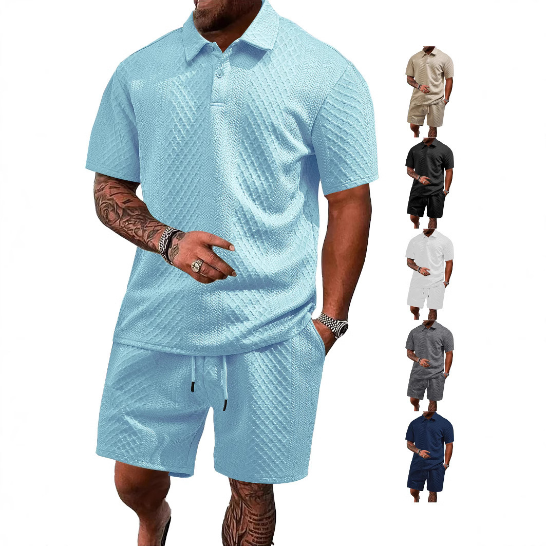 Men's Solid Polo Shirt & Drawstring Waist Shorts Set, Cozy Breathable Two-piece Outfits