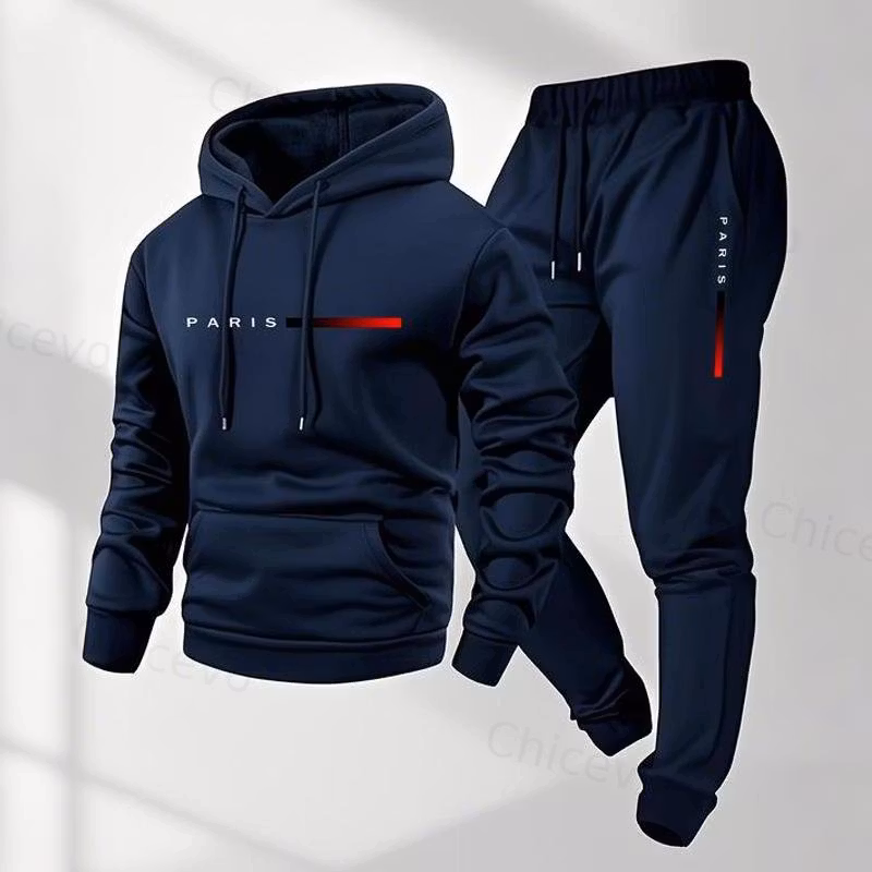 Men's Paris Letter Printed Hoodie and Drawstring Sweatpants Set Two-Piece Set