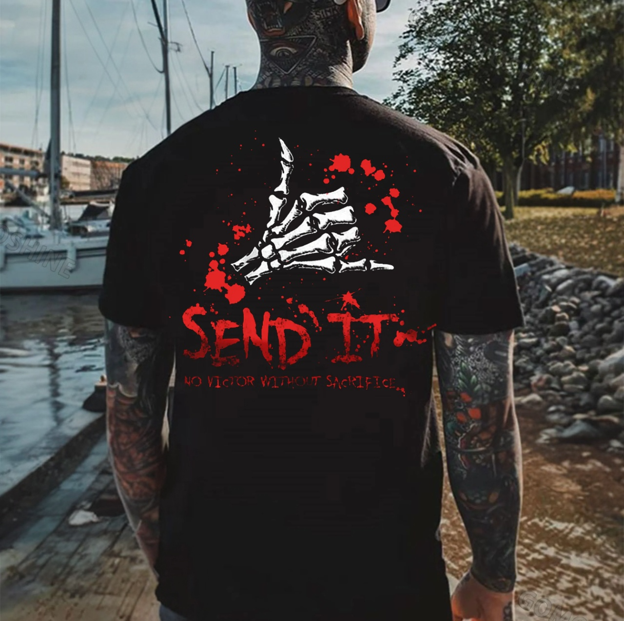 SEND IT NO VICTOR WITHOUT SACRIFICE Bone Hand Print Men's T-Shirt