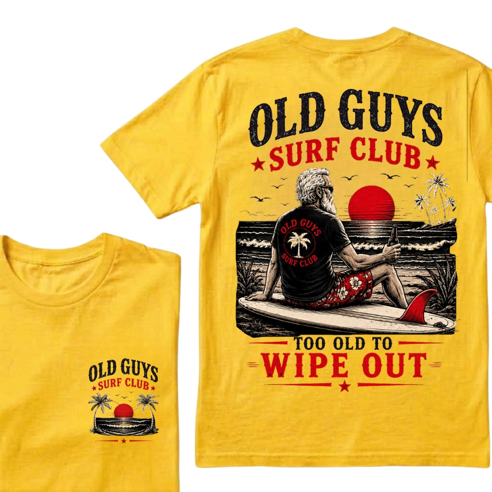 Old Guys Surf Club Too Old To Wipe Out Surfing Grandpa Palm Tree Sunset Graphic T-Shirt
