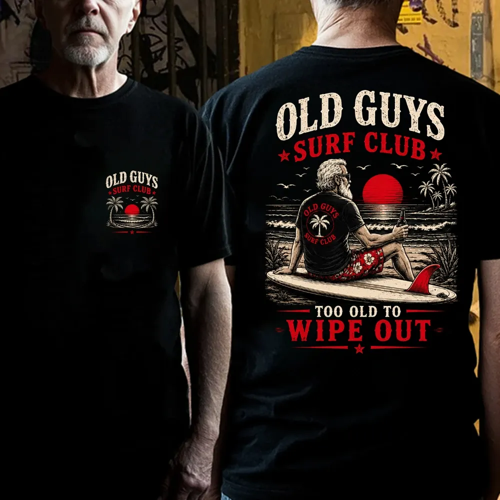 Old Guys Surf Club Too Old To Wipe Out Surfing Grandpa Palm Tree Sunset Graphic T-Shirt