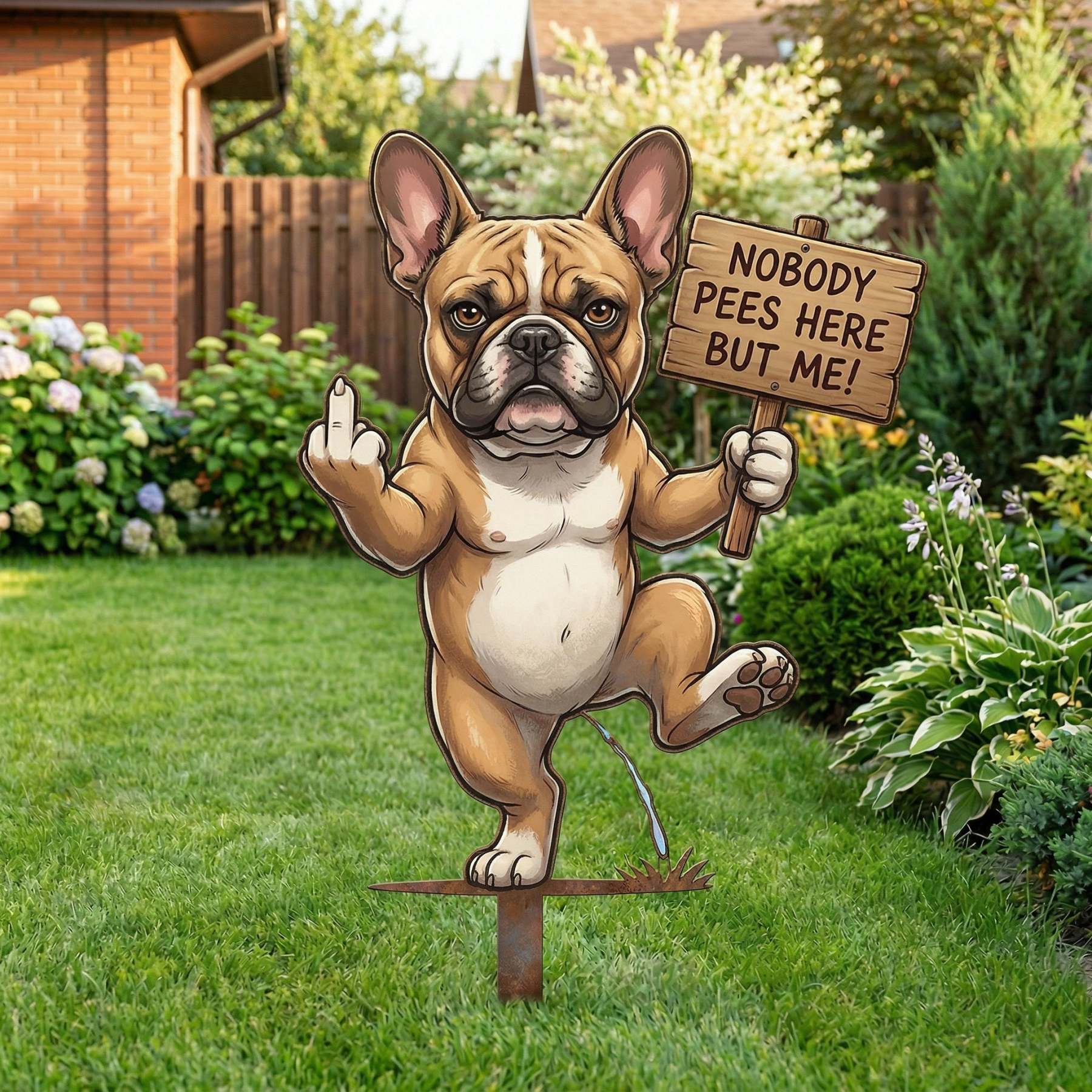 Nobody Pees Here But Me! Hilarious Metal Yard Stake - Turf Defender (Frenchie & Fluffy Cat Editions)