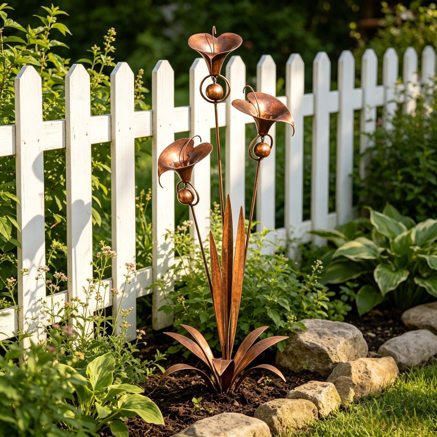 🏡Flamed Copper Three Calla Lilies Garden Stake with Bells