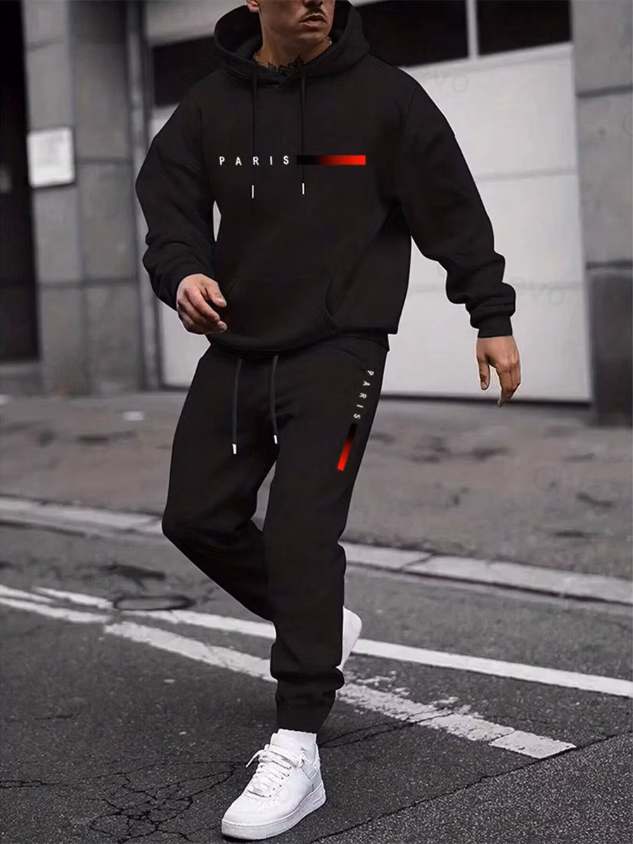 Men's Paris Letter Printed Hoodie and Drawstring Sweatpants Set Two-Piece Set