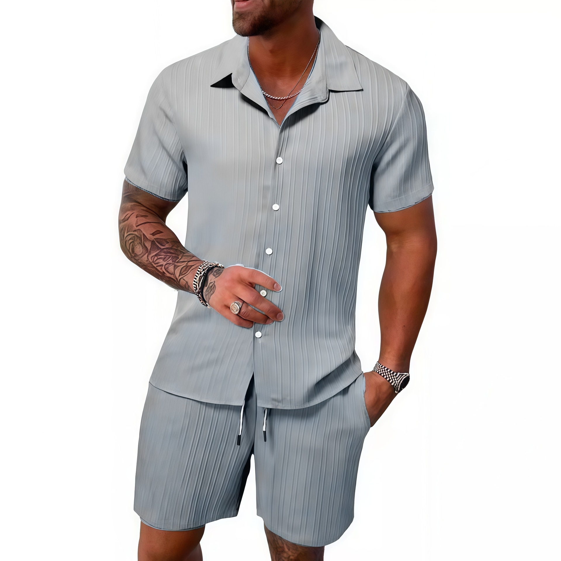 👕👖Men's Casual Set –Sleeve Shirt & Shorts, Loose and Comfortable for the Beach and Leisure 