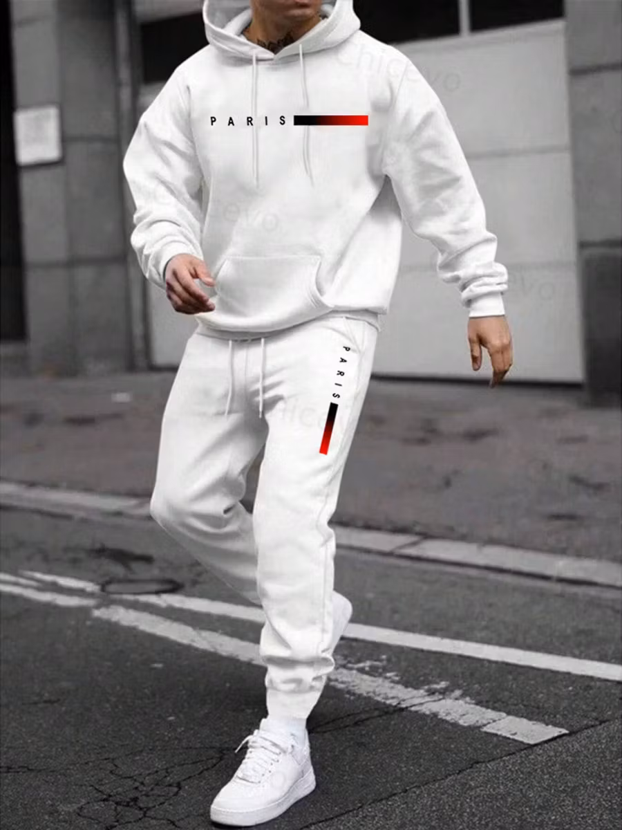 Men's Paris Letter Printed Hoodie and Drawstring Sweatpants Set Two-Piece Set