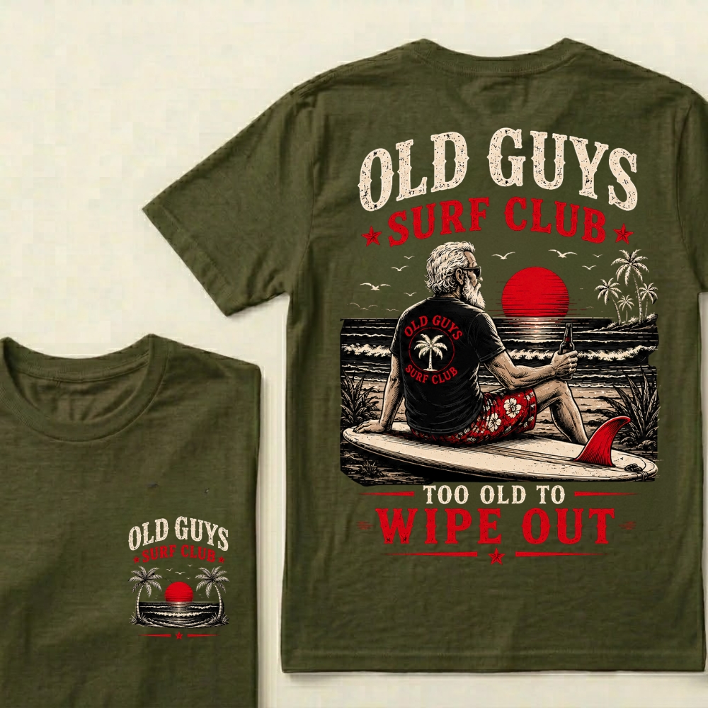 Old Guys Surf Club Too Old To Wipe Out Surfing Grandpa Palm Tree Sunset Graphic T-Shirt