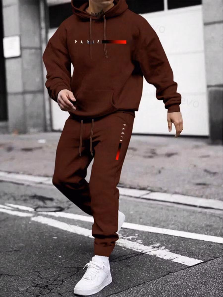 Men's Paris Letter Printed Hoodie and Drawstring Sweatpants Set Two-Piece Set