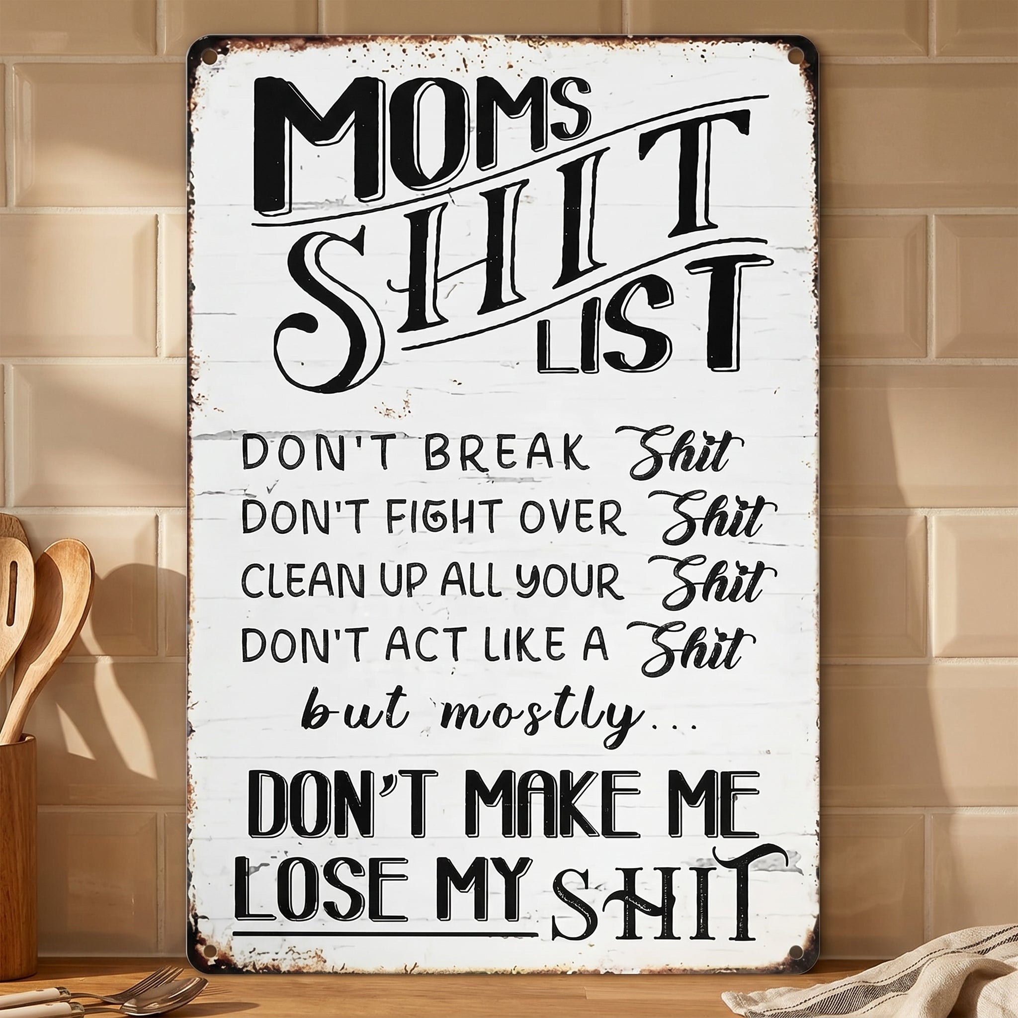 Funny Mom's Shit List Kitchen Sign – Vintage Metal Wall Decor Gift