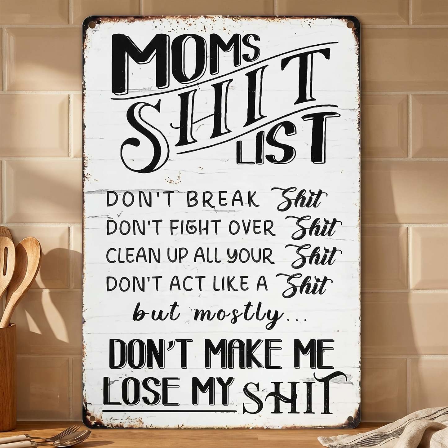 Funny Mom's Shit List Kitchen Sign – Vintage Metal Wall Decor Gift