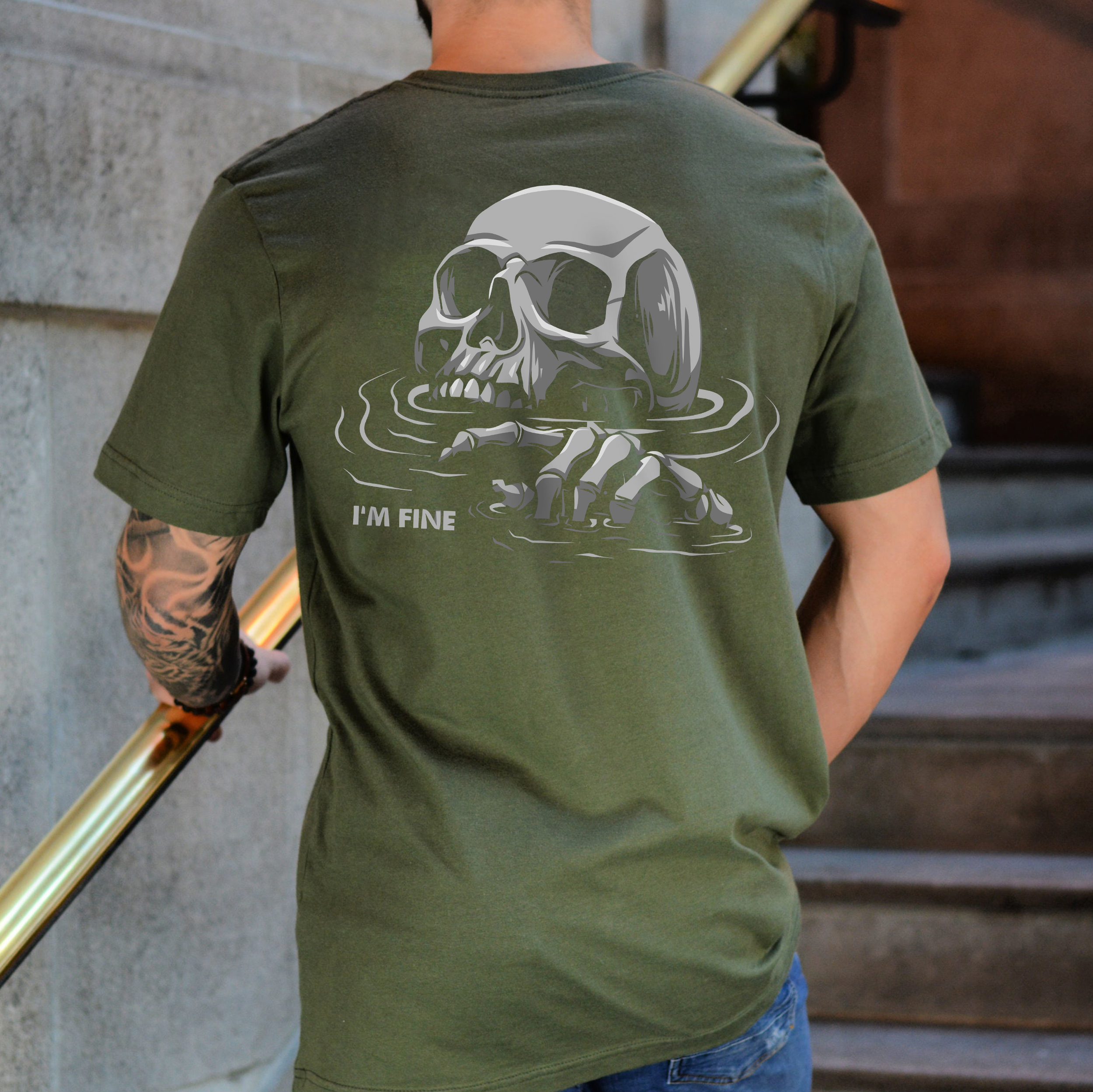 I'M FINE Drowning Skull Black Print T-Shirt
