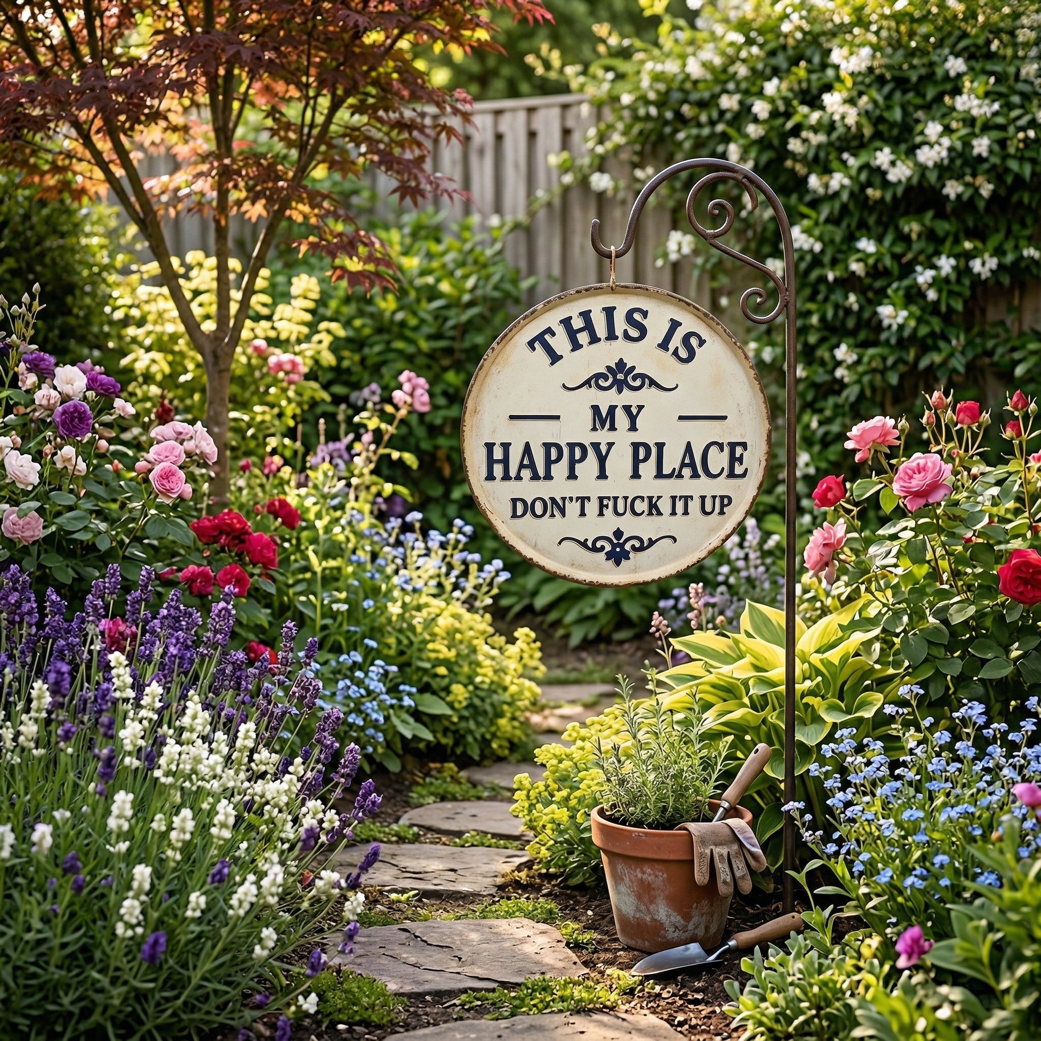 🌿 Funny Garden Metal Sign – “This Is My Happy Place – Don’t F*ck It Up”
