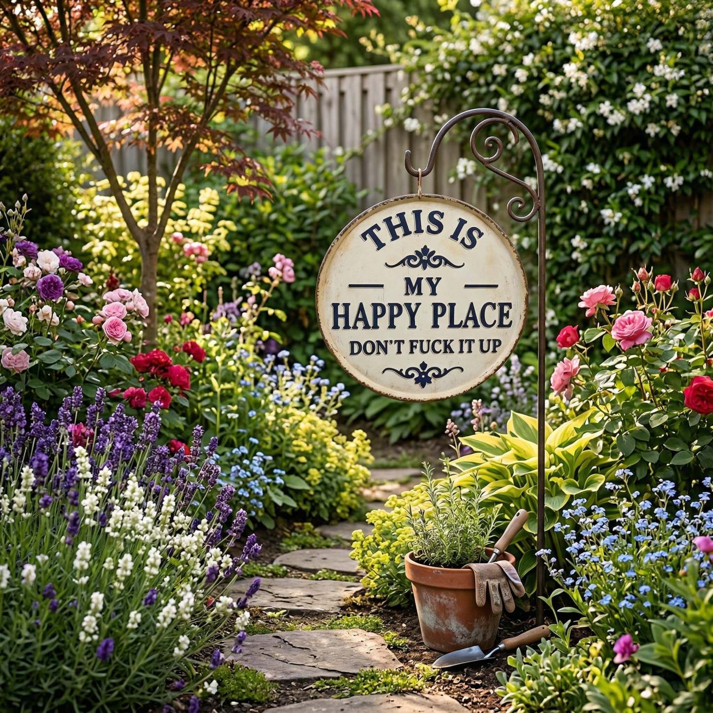 🌿 Funny Garden Metal Sign – “This Is My Happy Place – Don’t F*ck It Up”