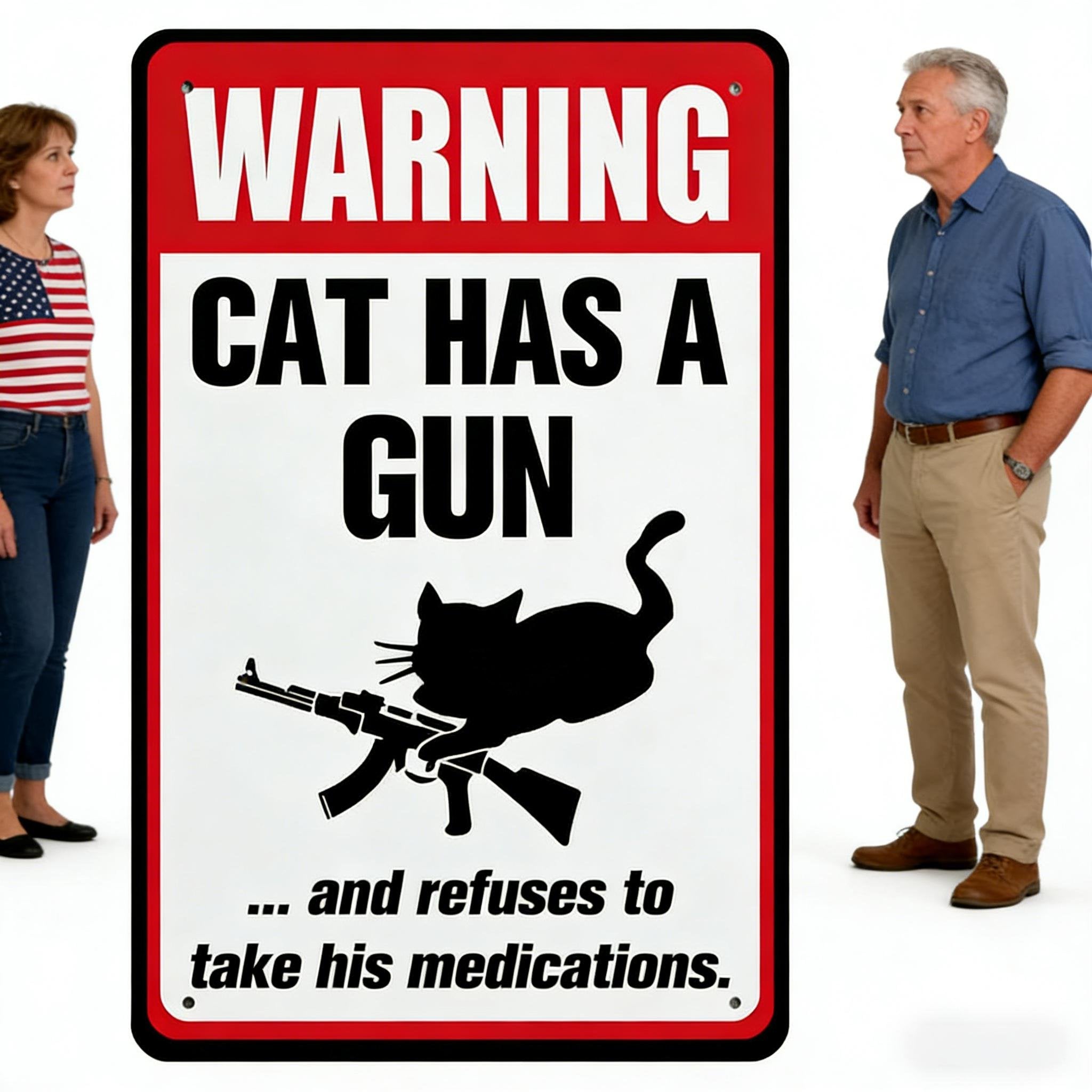 Funny Cat & Dog Has a Gun & Won't Take Meds Aluminum Sign