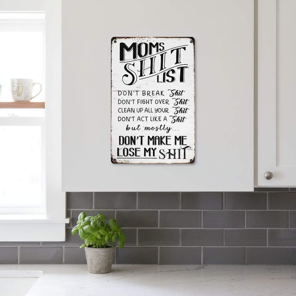 Funny Mom's Shit List Kitchen Sign – Vintage Metal Wall Decor Gift