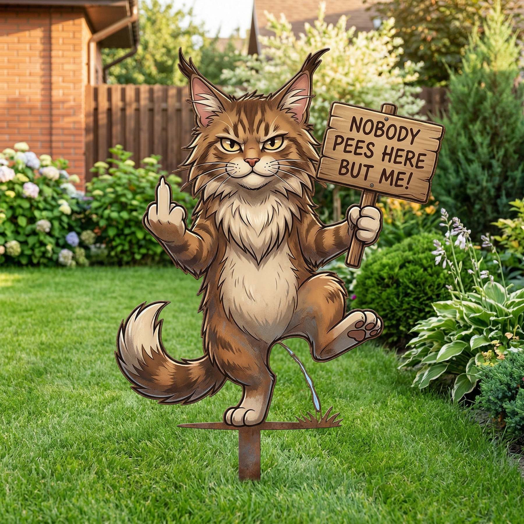 Nobody Pees Here But Me! Hilarious Metal Yard Stake - Turf Defender (Frenchie & Fluffy Cat Editions)