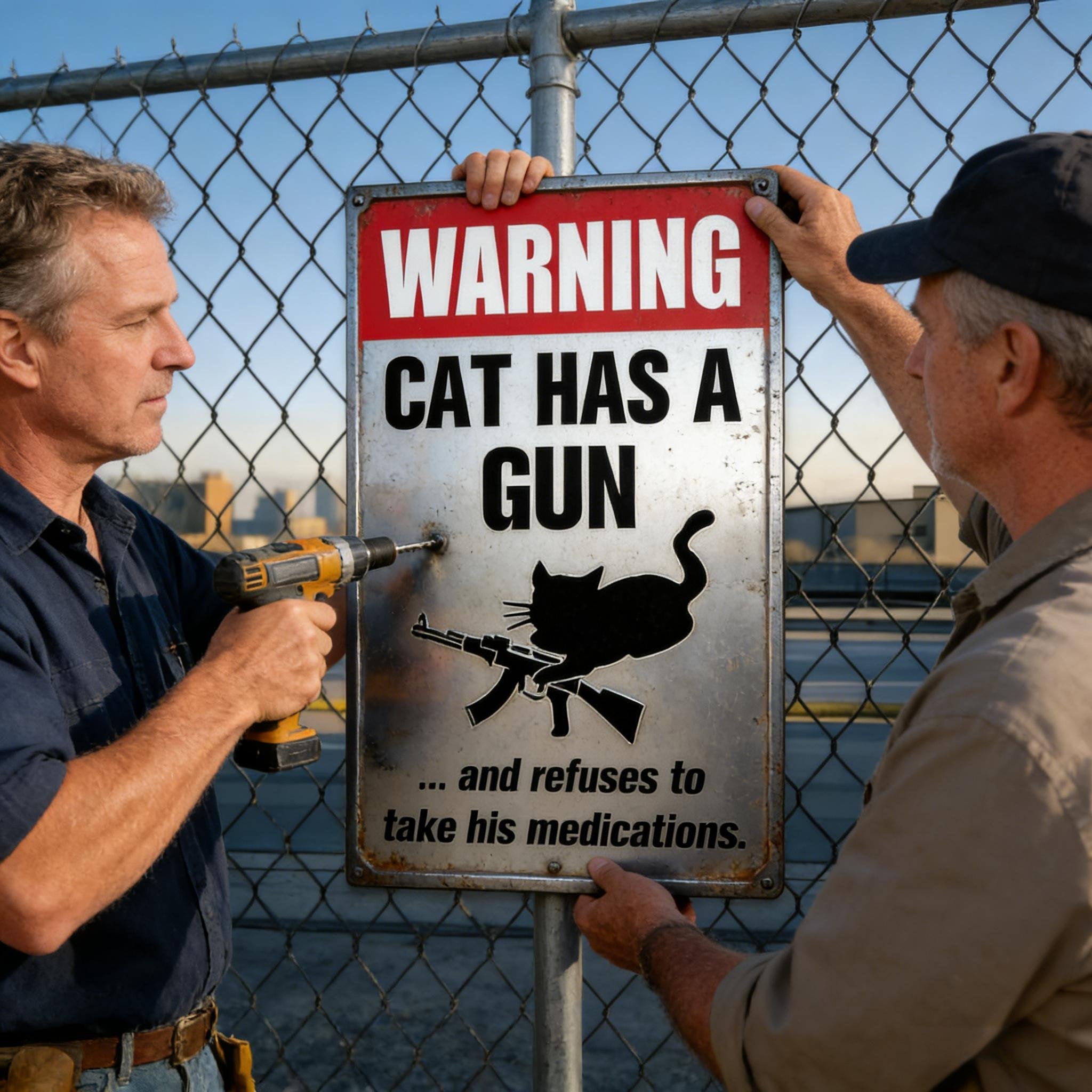 Funny Cat & Dog Has a Gun & Won't Take Meds Aluminum Sign