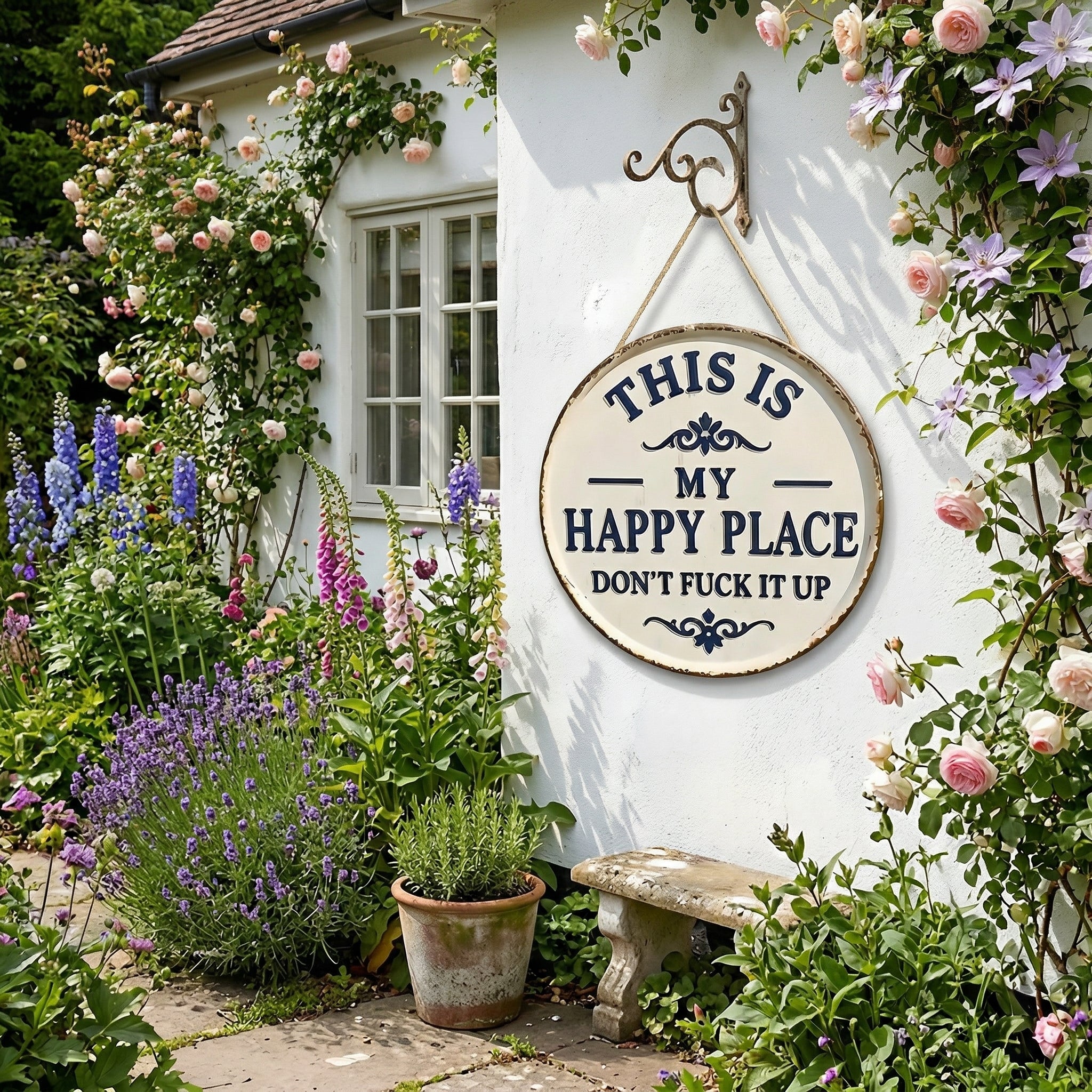🌿 Funny Garden Metal Sign – “This Is My Happy Place – Don’t F*ck It Up”