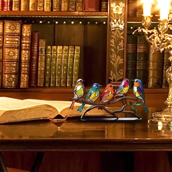 Stained Glass Birds on Branch Desktop Ornaments