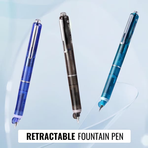 Fountain Pen Retractable:0.38mm Blue&Black Ink Transparent Barrel Includes 5 Refillable Ink Cartridges
