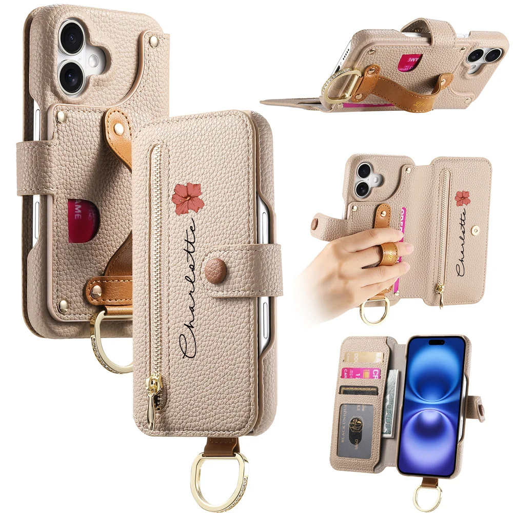 Personalized Birth Flower Name Leather Flip Wallet Phone Case for iPhone with Card Holder RFID Blocking Gift for Family Friend