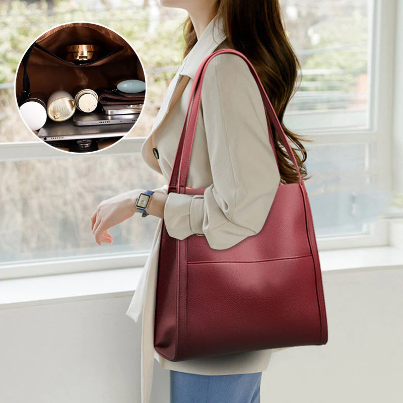 Solid color genuine leather shoulder bag