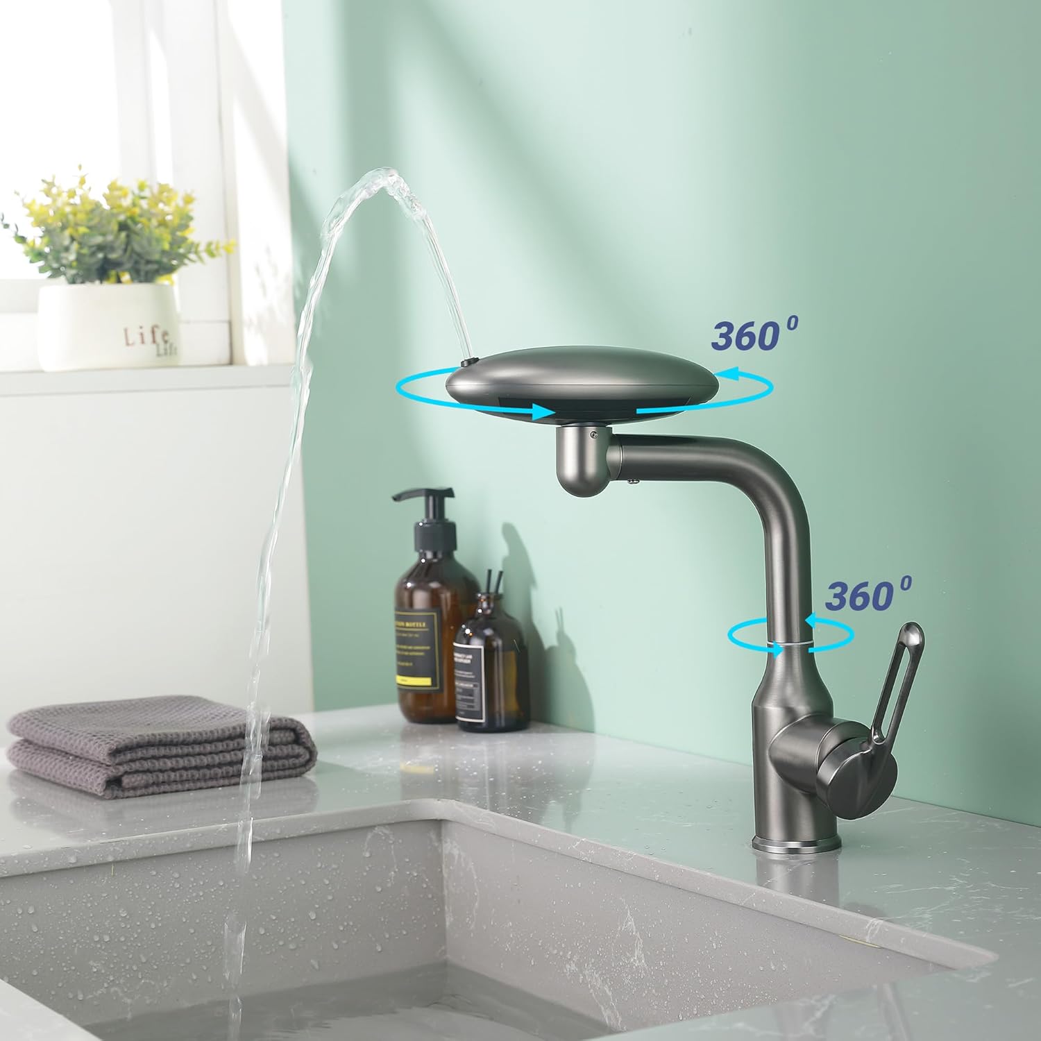 Bathroom Sink Faucet 1 Hole, Chrome Multifunctional Basin Faucet with 4 Water Outlet Modes, Modern 360°Rotatable Bar Tap with Two Water Supply Pipes