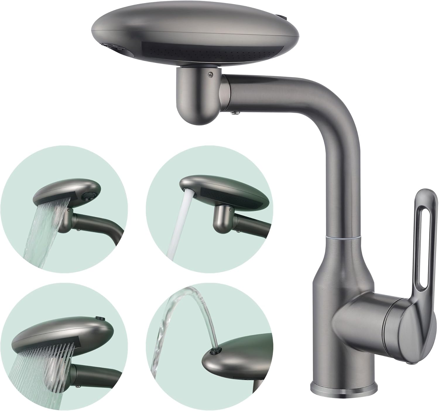 Bathroom Sink Faucet 1 Hole, Chrome Multifunctional Basin Faucet with 4 Water Outlet Modes, Modern 360°Rotatable Bar Tap with Two Water Supply Pipes