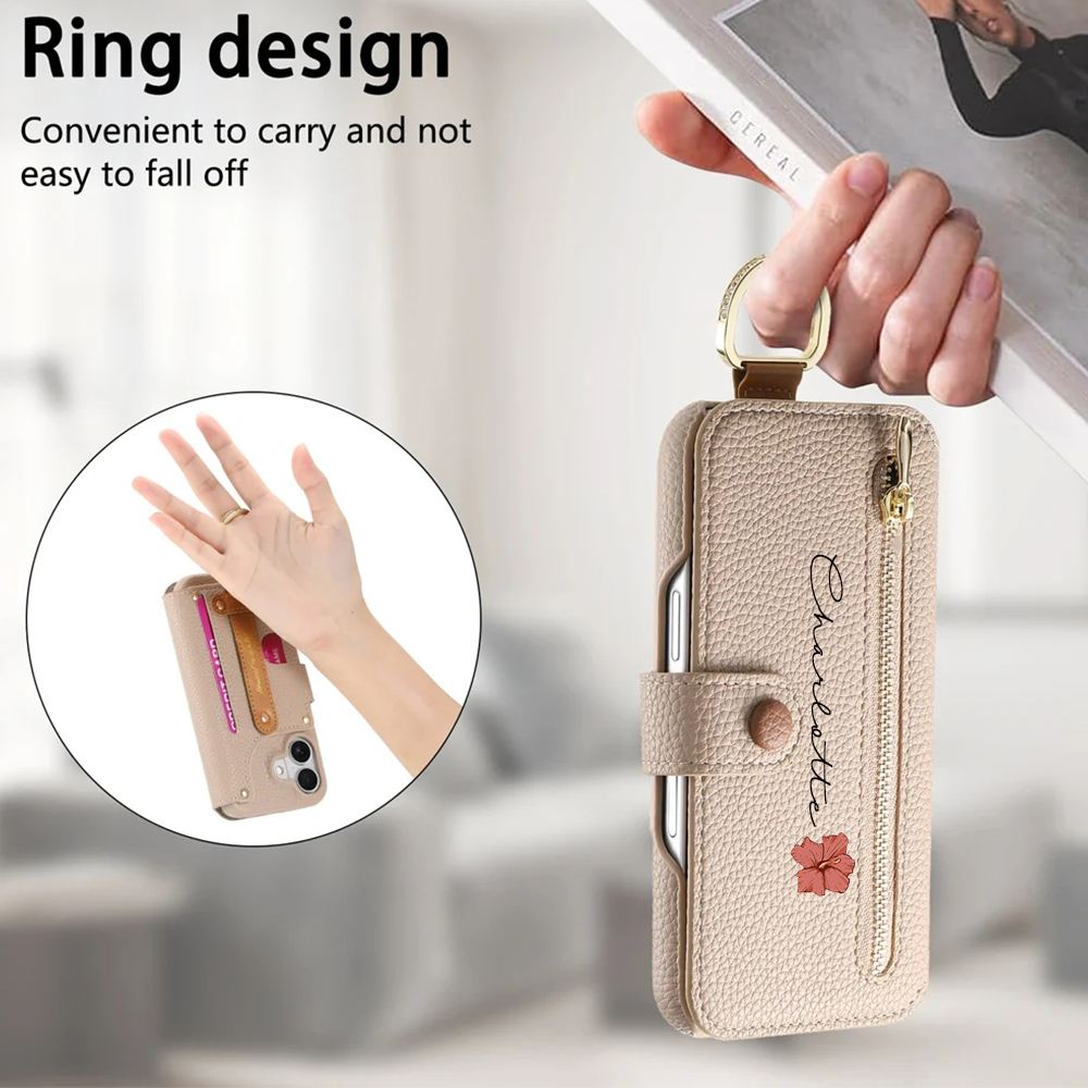 Personalized Birth Flower Name Leather Flip Wallet Phone Case for iPhone with Card Holder RFID Blocking Gift for Family Friend