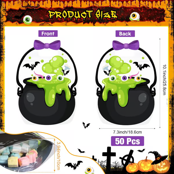 🏆Flash Sale⚡ 50K+ SOLD! 👻50 Pcs Halloween Favor Bags Transparent Sealed Pouches