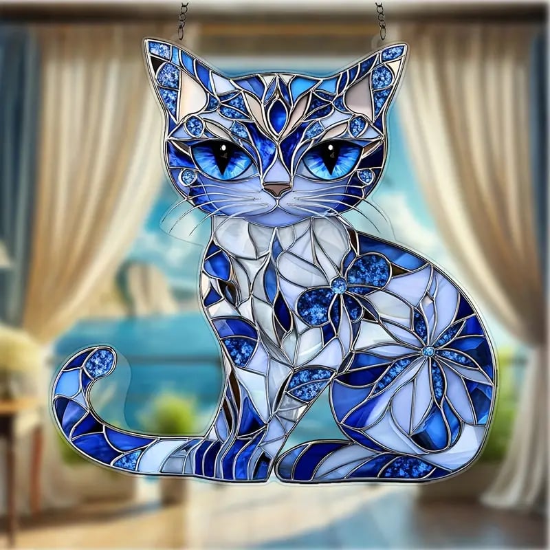 Blue & White Cat Suncatcher Ornament🐱