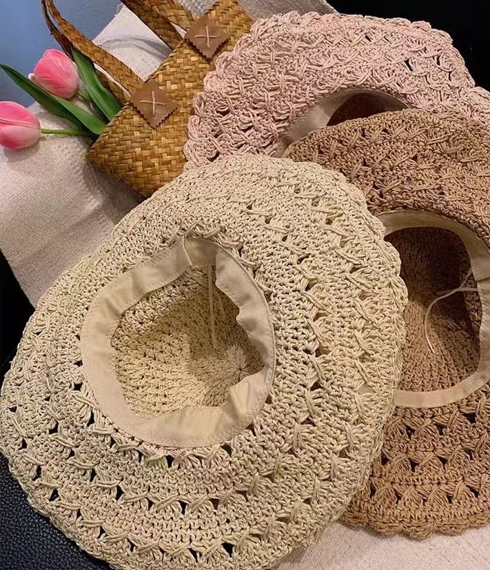 👒Elegant Crochet Straw Hat With Ruffles🌺