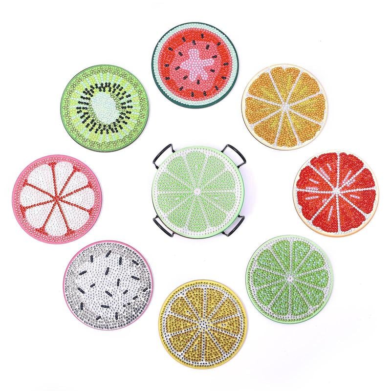 Product Introduction of Artificial Diamond Art Coaster, 8 Counts/set Fruit Pattern DIY Diamond Arts Colorful Painting Coaster With Stand, DIY Decorative Craft For Home Office Coffee Table 13