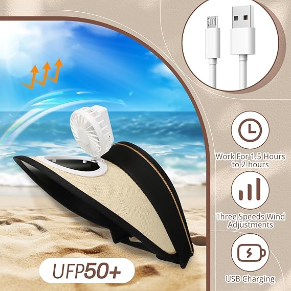 Sun hat with fan, hollow top, large brim, three-level adjustable