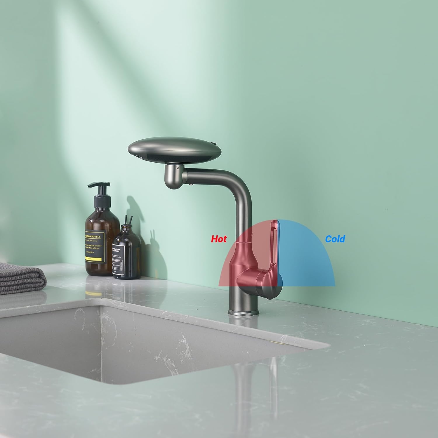 Bathroom Sink Faucet 1 Hole, Chrome Multifunctional Basin Faucet with 4 Water Outlet Modes, Modern 360°Rotatable Bar Tap with Two Water Supply Pipes